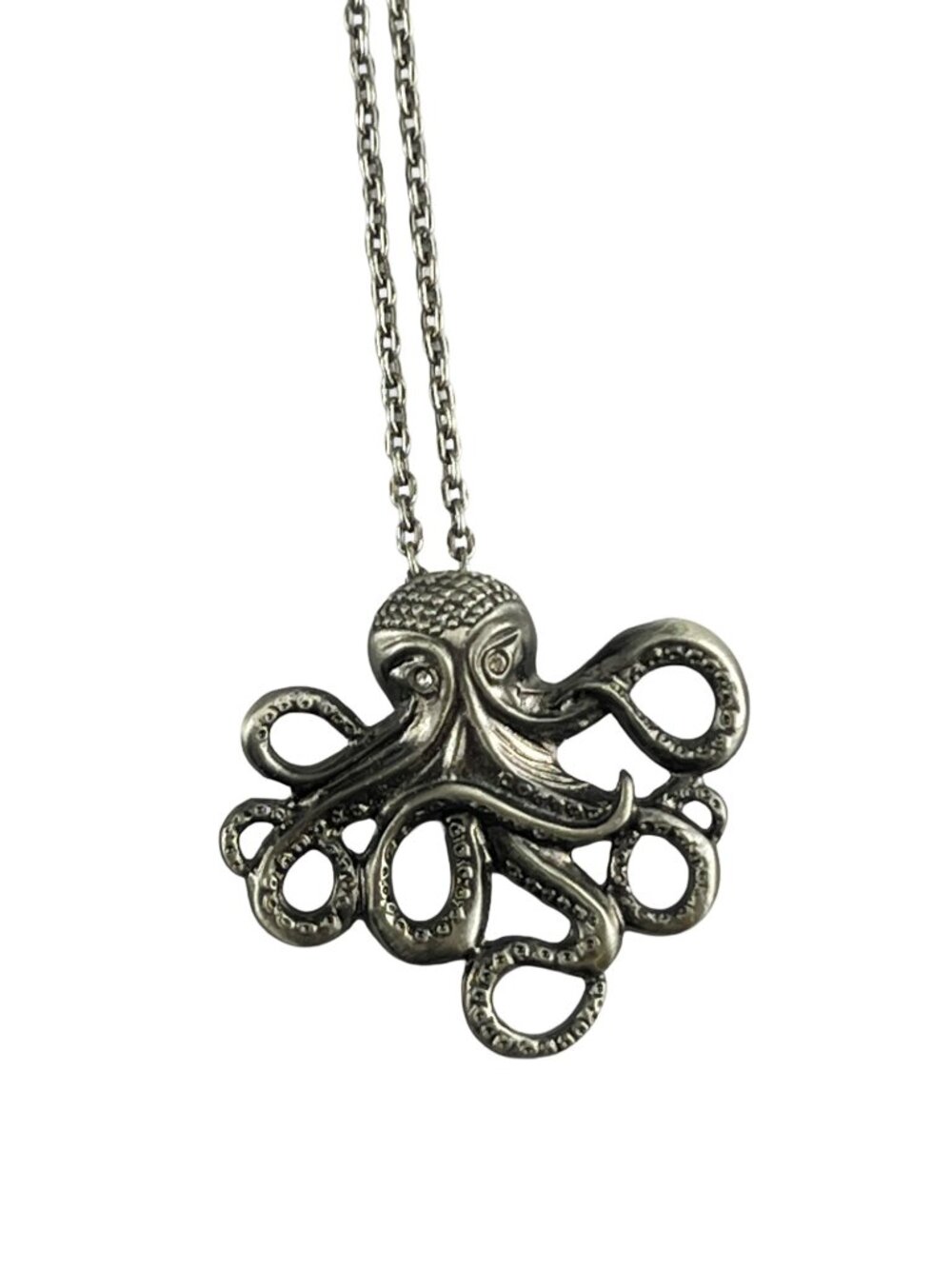 Vintage Style Steampunk Octopus Necklace with Crystal Eyes — Matte Silver Tone